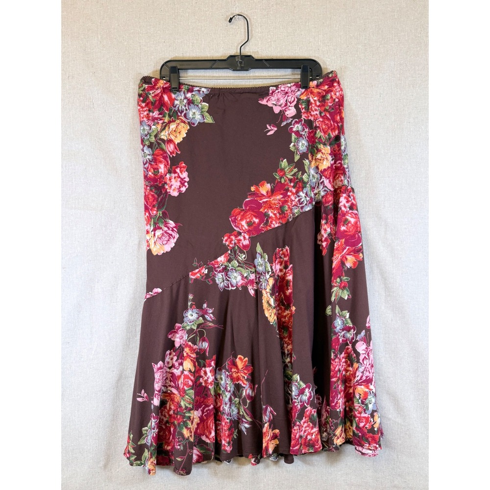 Lola P. Brown Floral Rayon Midi Skirt Asymmetrical Tiered Boho XL